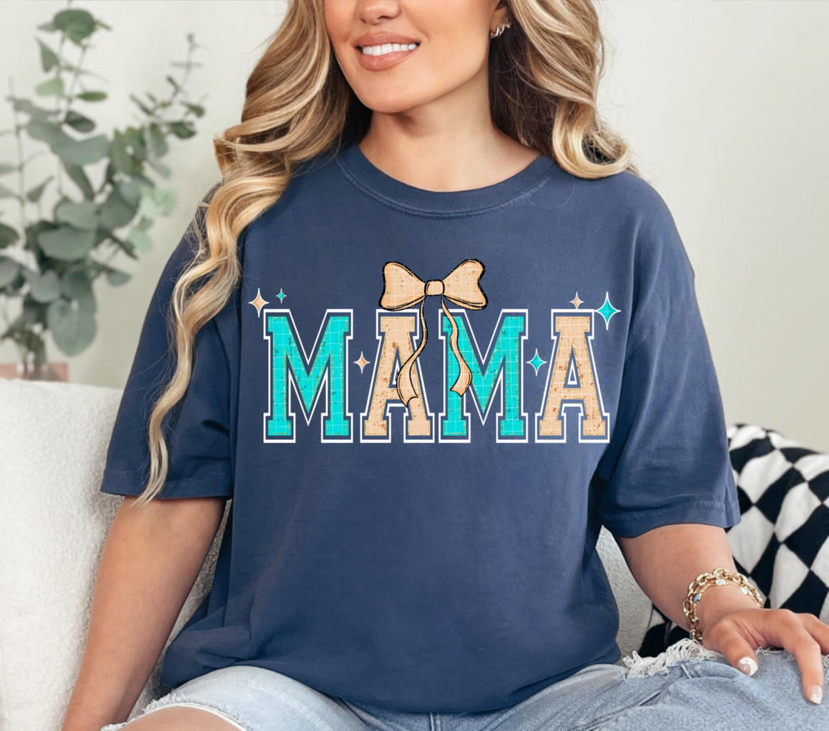 Mama blue and tan with bow (linda) DTF transfer