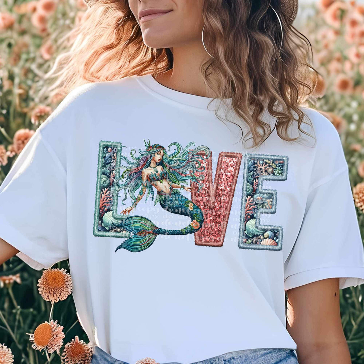 Love embroidered with mermaid 23251 DTF transfer