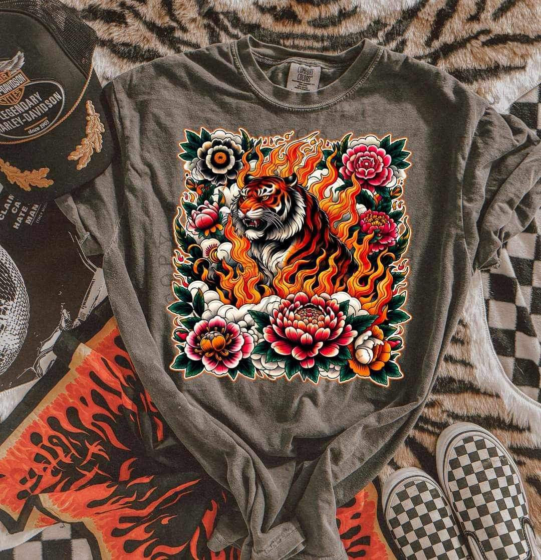 Tiger with fire and roses (LYTTLE) 23317 DTF transfer