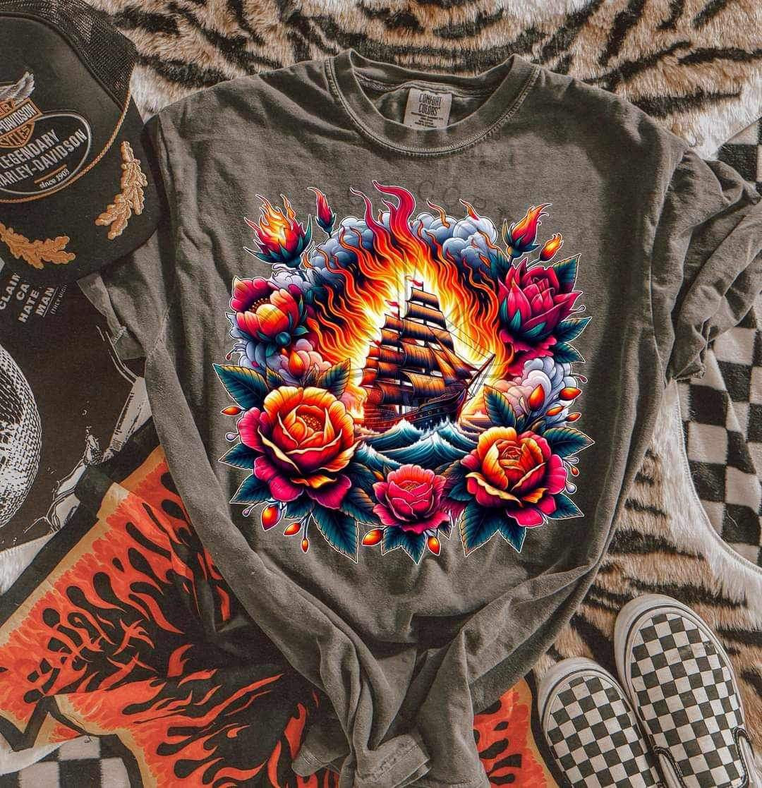 Ship with fire and roses (LYTTLE) 23316 DTF transfer