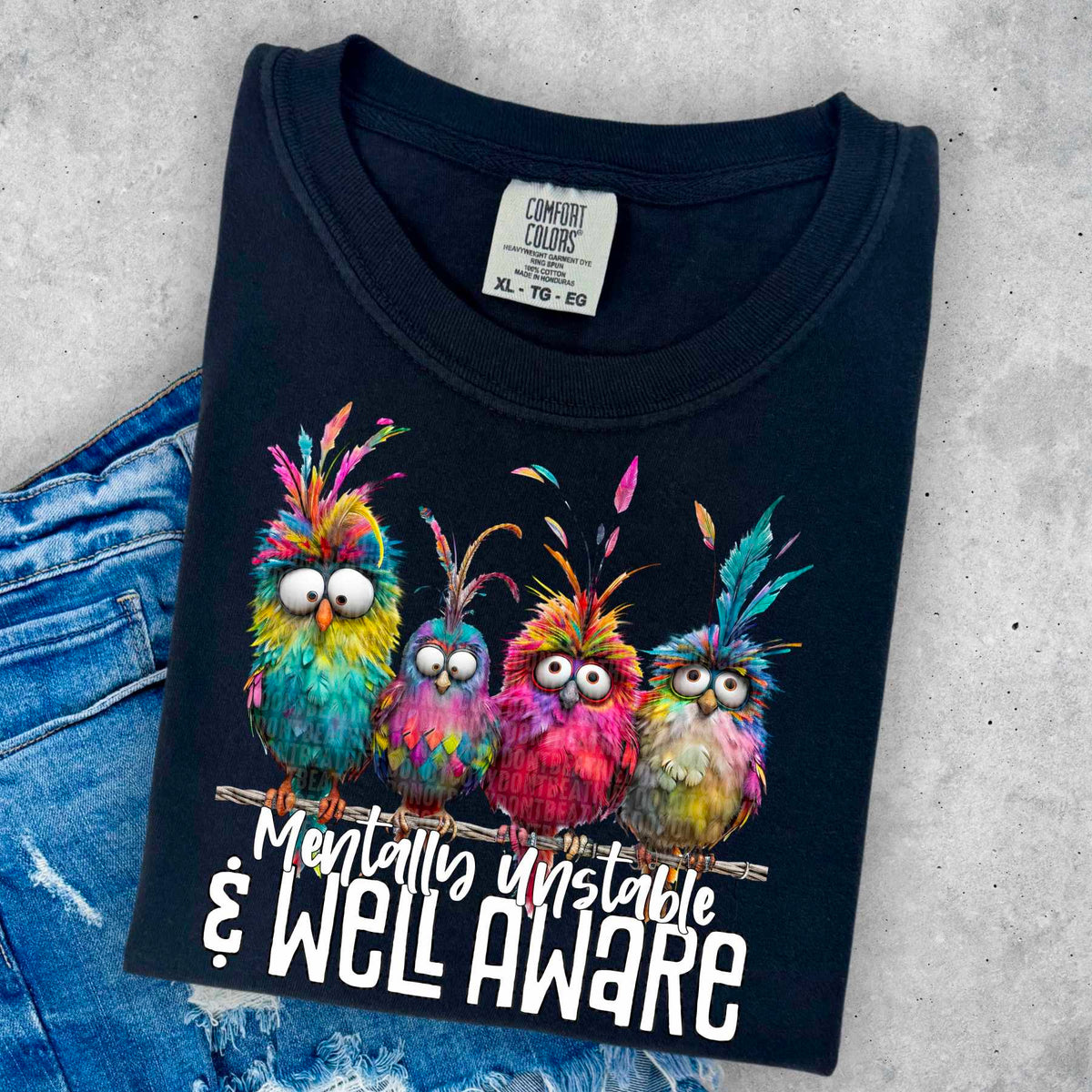 Mentally unstable & well aware birds white font 32567 DTF transfer