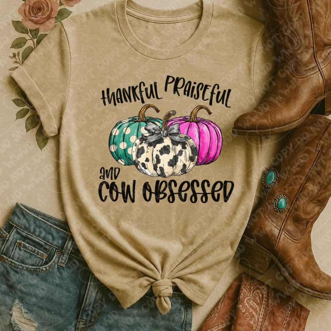 Thankful and Cow obsessed black words (oh honey) DTF transfer