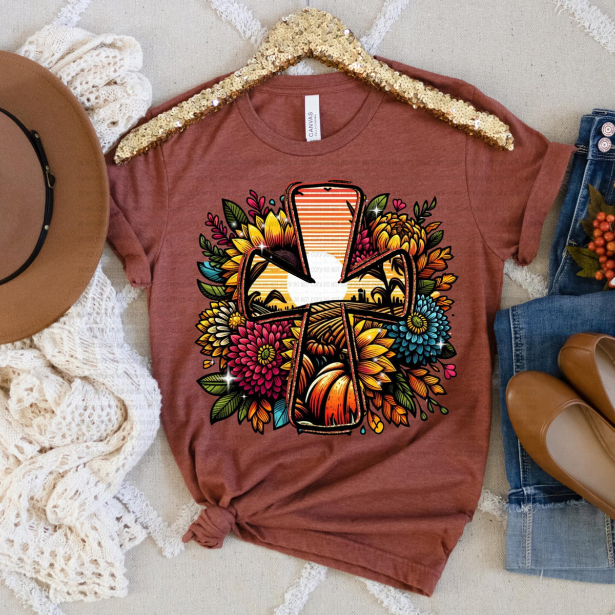 Cross with flowers (oh honey) DTF transfer