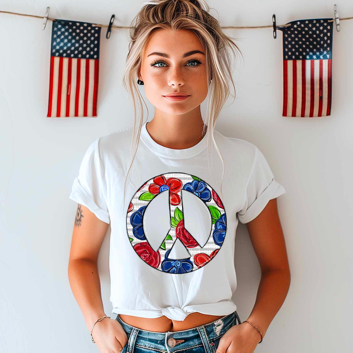 Red and blue floral peace sign 32527 DTF transfer