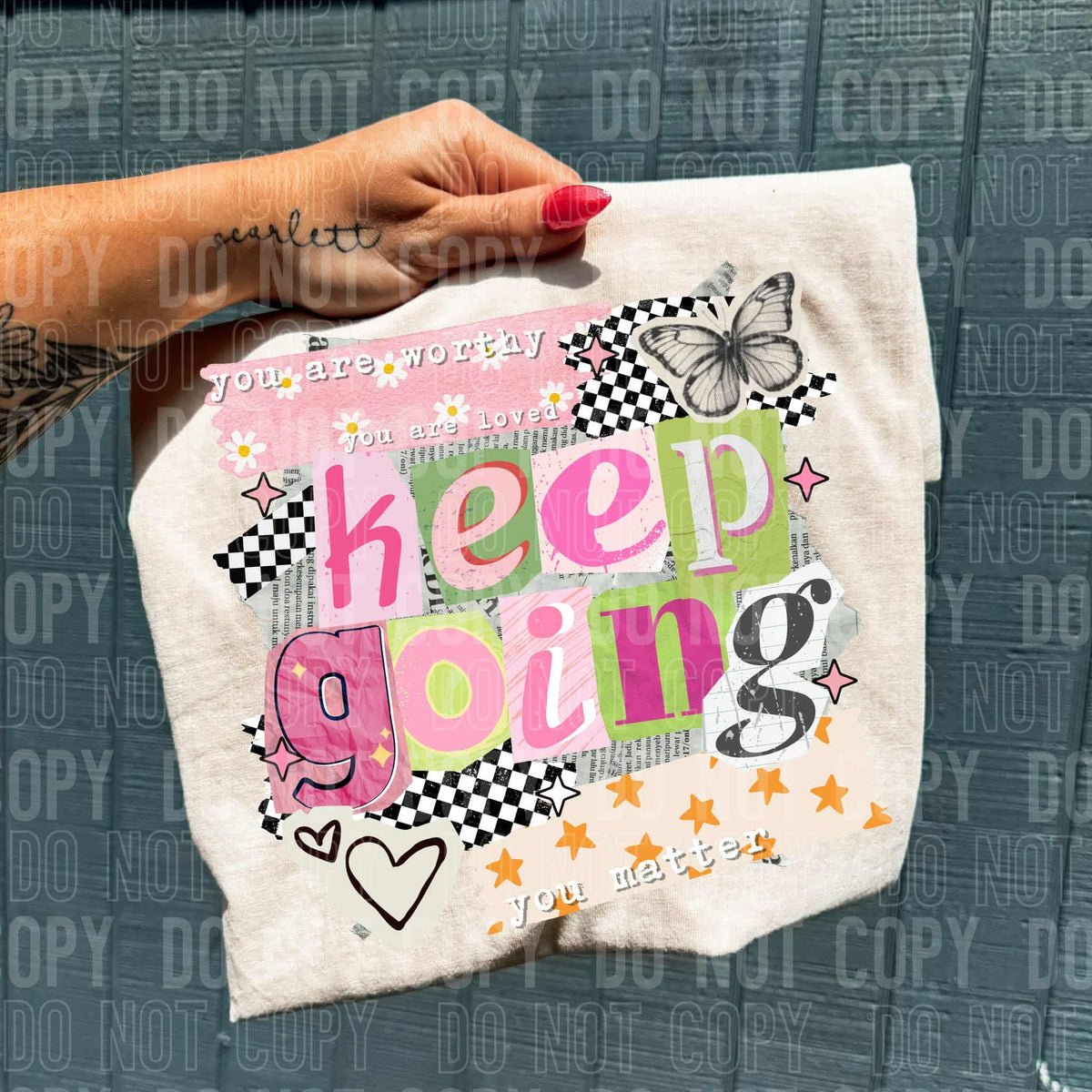 Keep Going butterfly and checker (SBB) DTF transfer