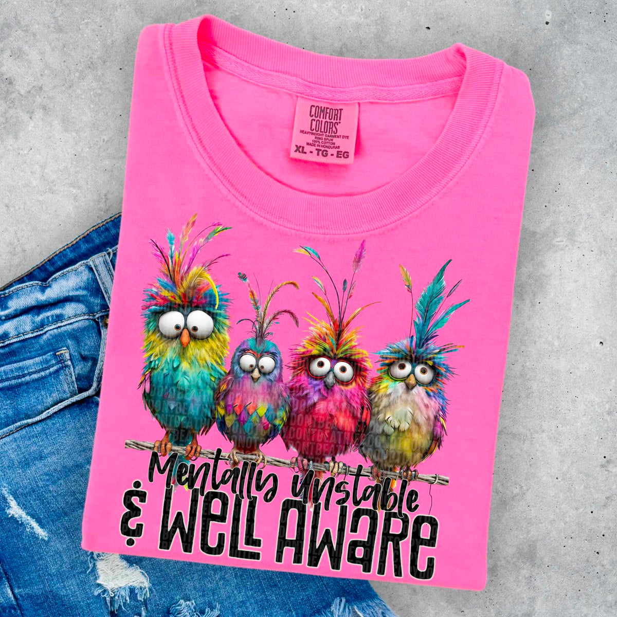 Mentally unstable & well aware birds black font 32566 DTF transfer