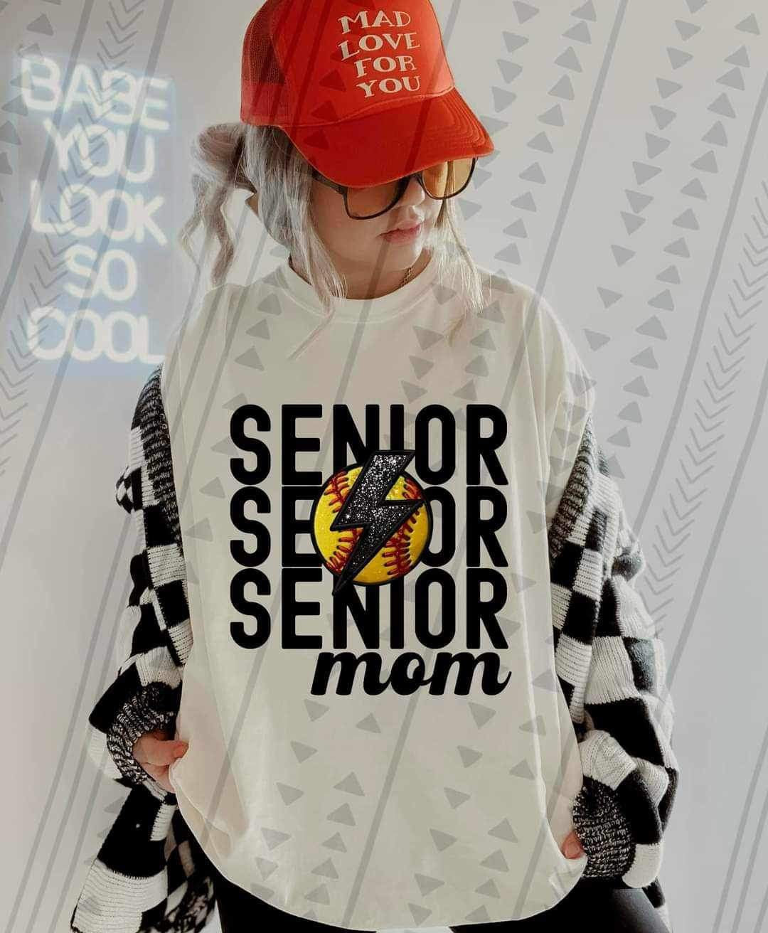Senior mom stacked with softball and lightning bolt 23446 DTF transfer
