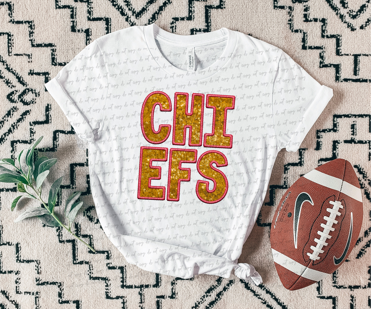 Chiefs Embroidery Faux Sequin  DTF TRANSFER