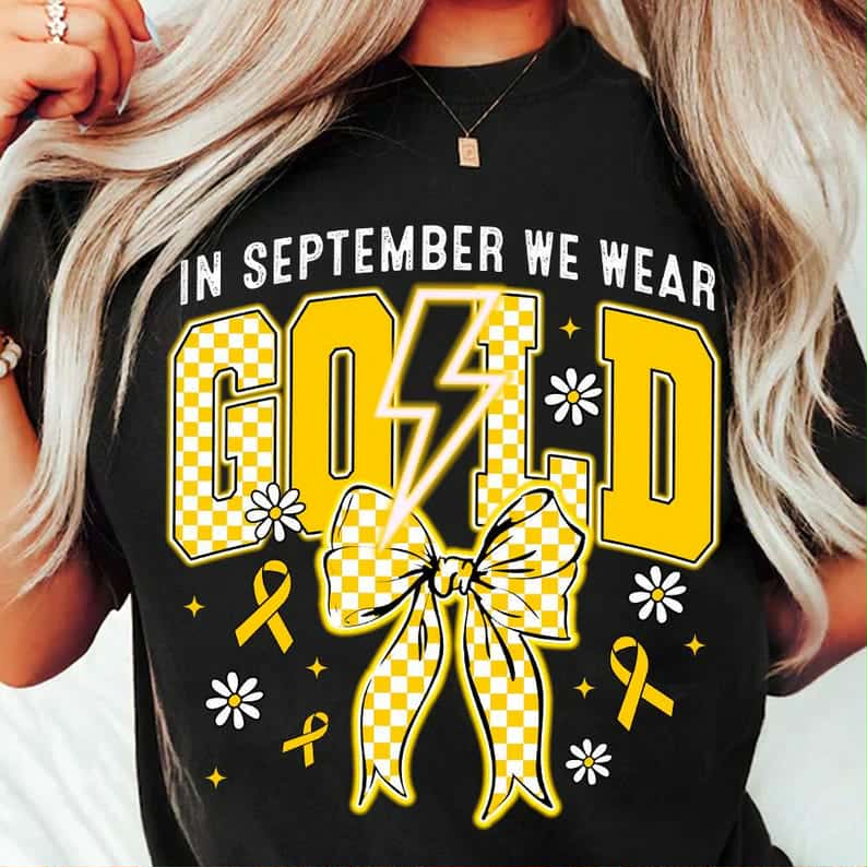 In September we wear Gold with checker bow DTF transfer
