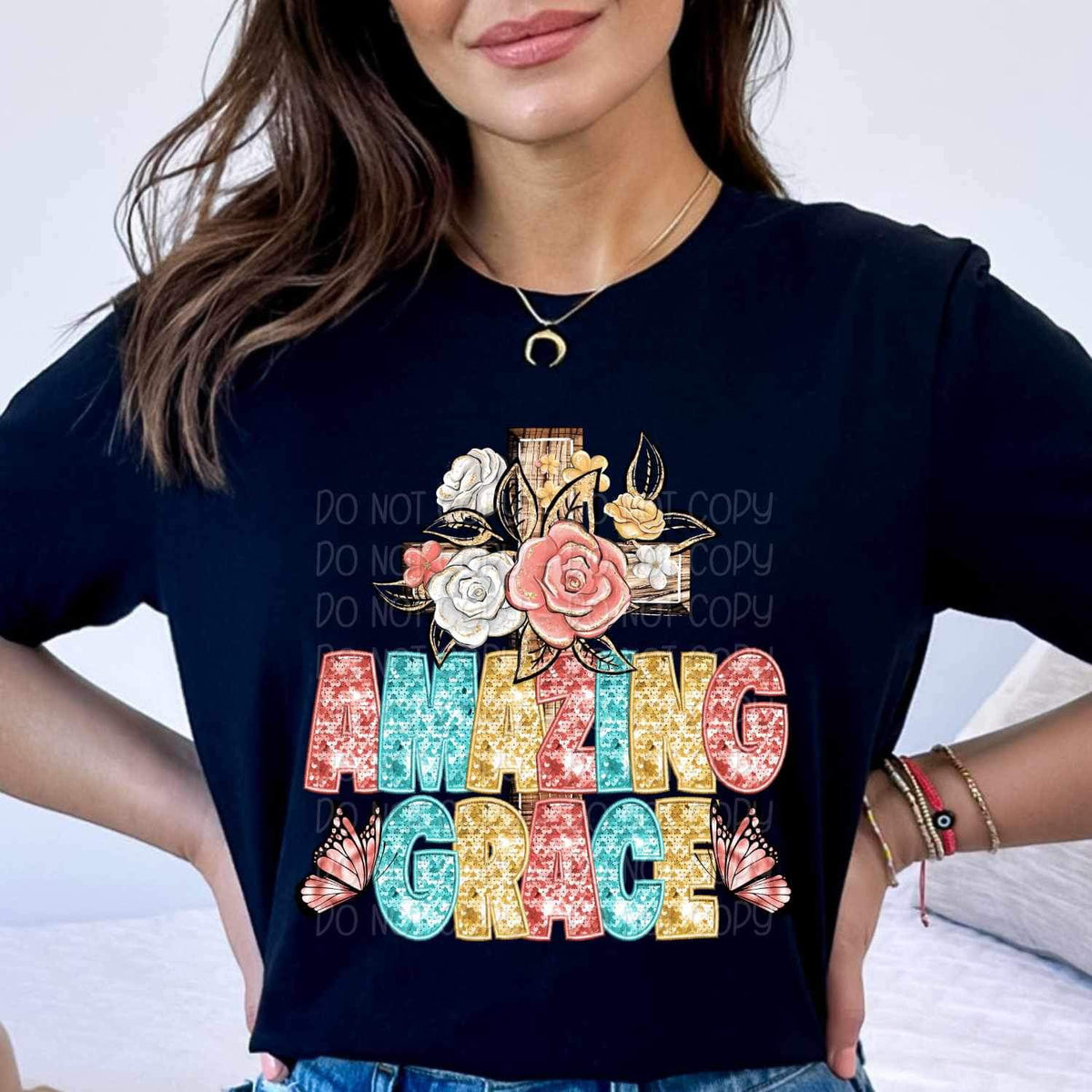 Amazing grace cross with flowers and butterflies 23643 DTF transfe