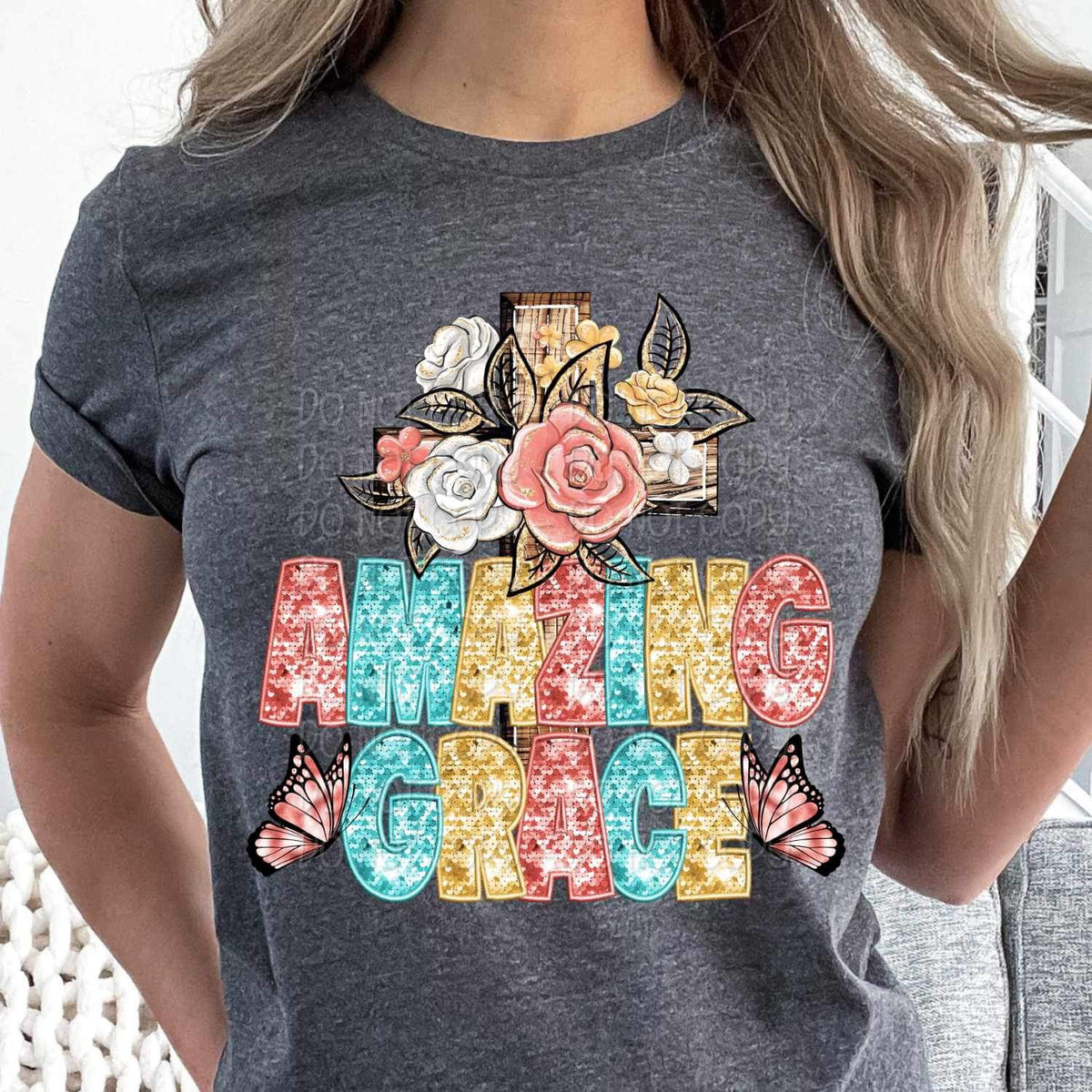 Amazing grace cross with flowers and butterflies 23643 DTF transfe