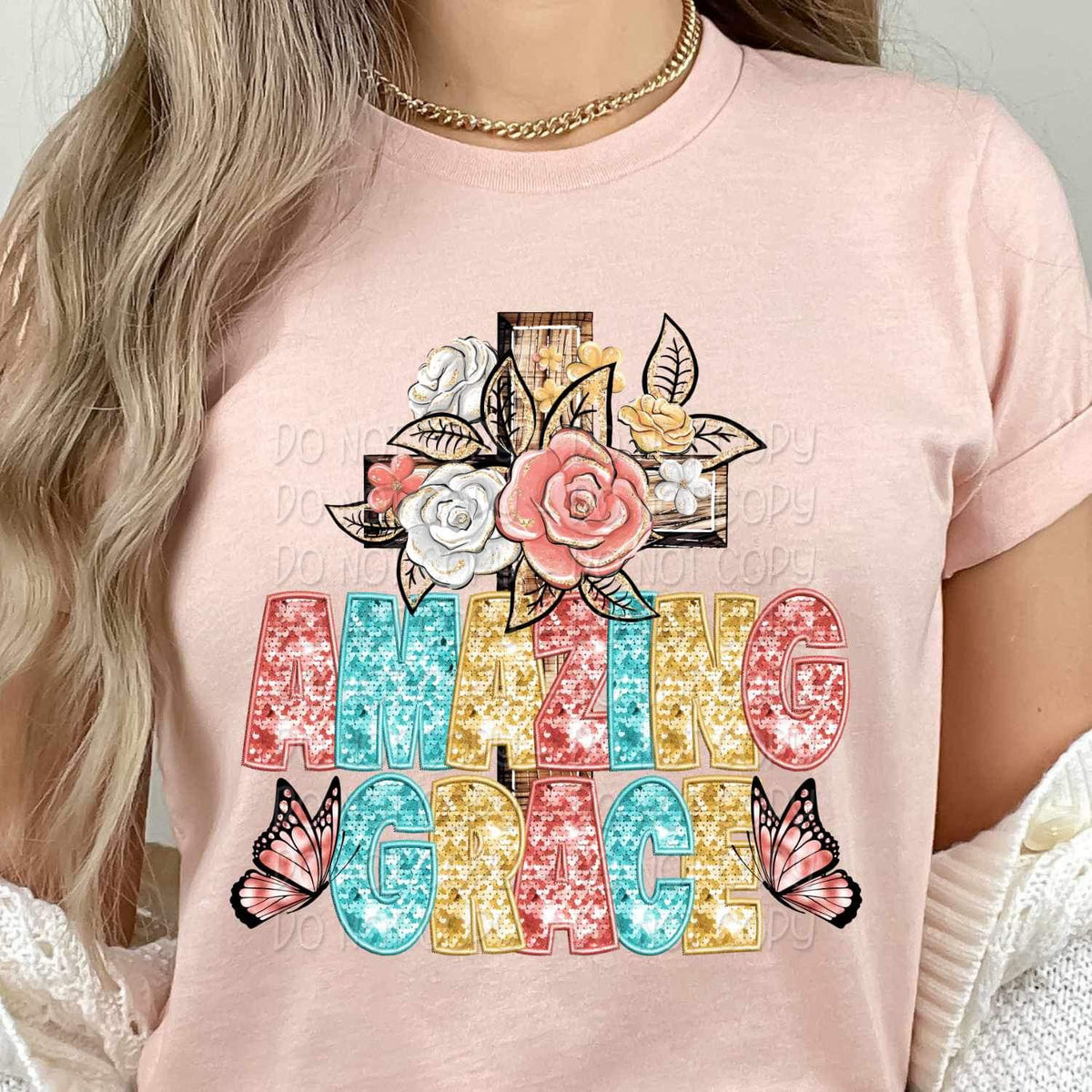 Amazing grace cross with flowers and butterflies 23643 DTF transfe