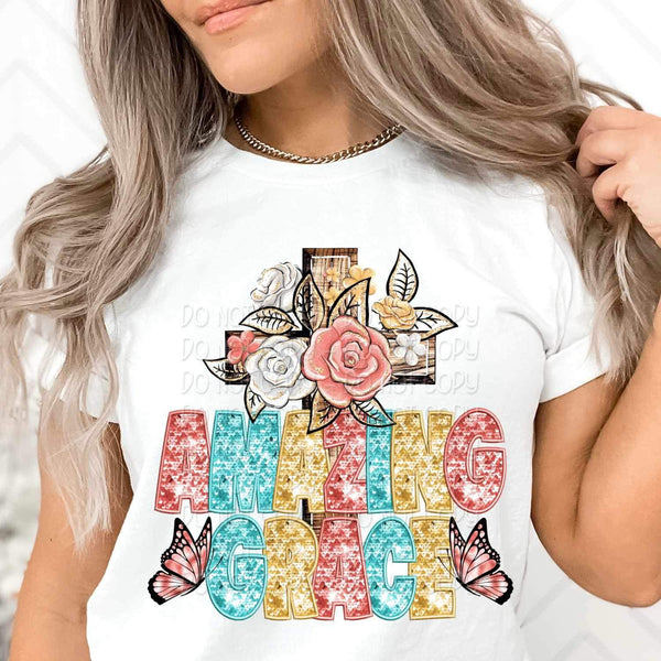 Amazing grace cross with flowers and butterflies 23643 DTF transfe