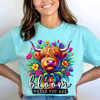 Bloom where you are shaggy cow in flowers 23648 DTF transfer