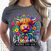 Bloom where you are shaggy cow in flowers 23648 DTF transfer