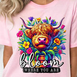 Bloom where you are shaggy cow in flowers 23648 DTF transfer