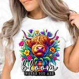 Bloom where you are shaggy cow in flowers 23648 DTF transfer