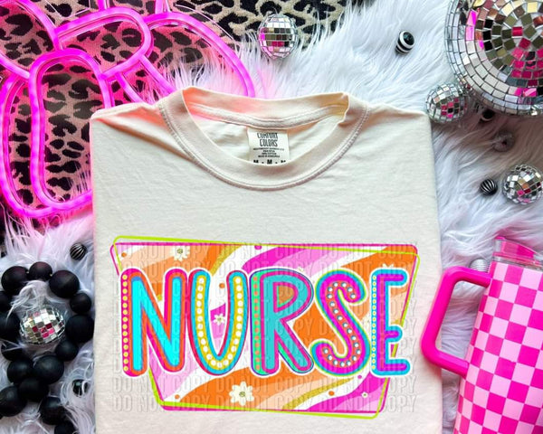 nurse groovy pink and orange background 32724 DTF transfer