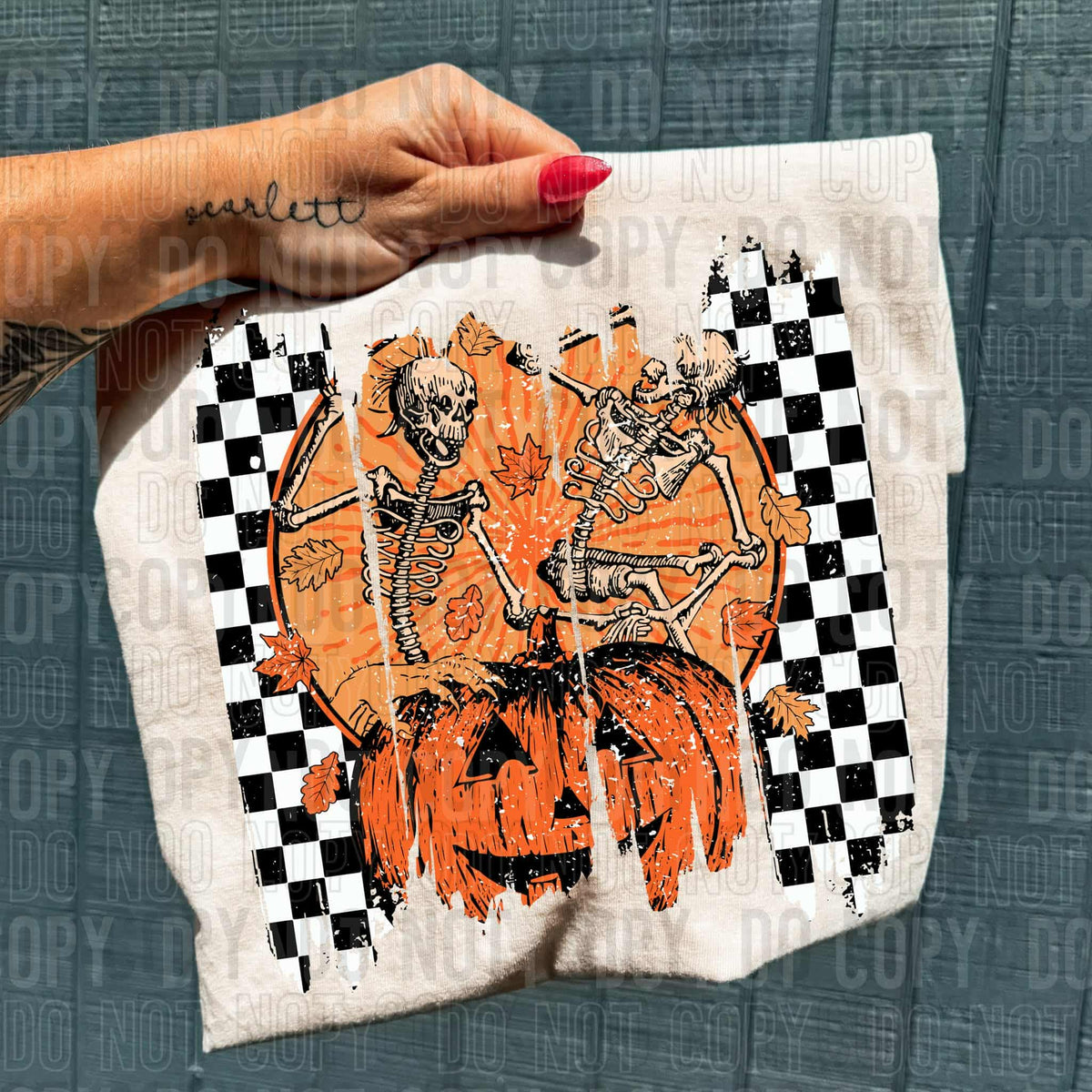Skeleton and Pumpkin checker brushstroke SBB DTF Transfer