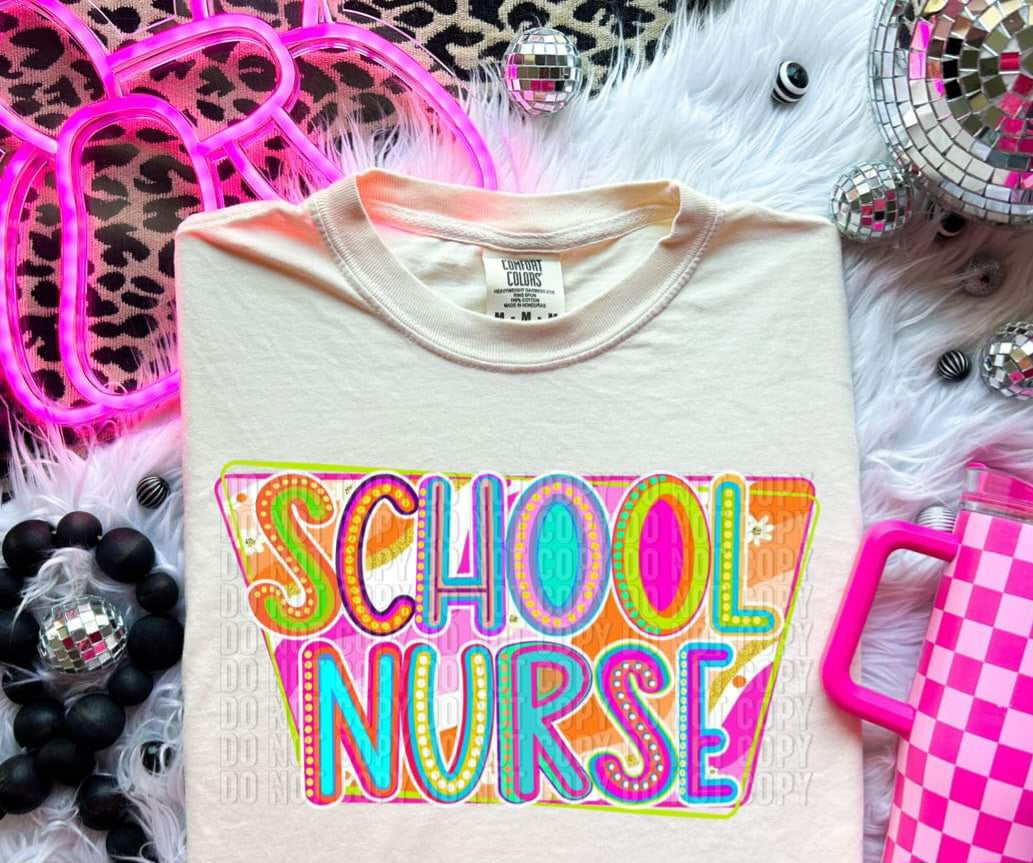 School nurse groovy pink and orange background 32723 DTF transfer