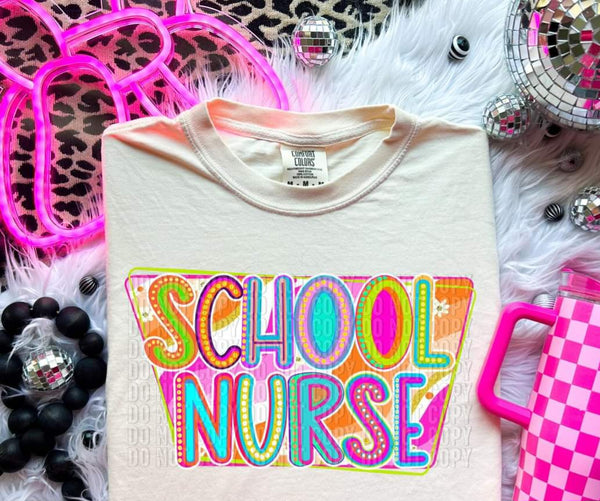 School nurse groovy pink and orange background 32723 DTF transfer