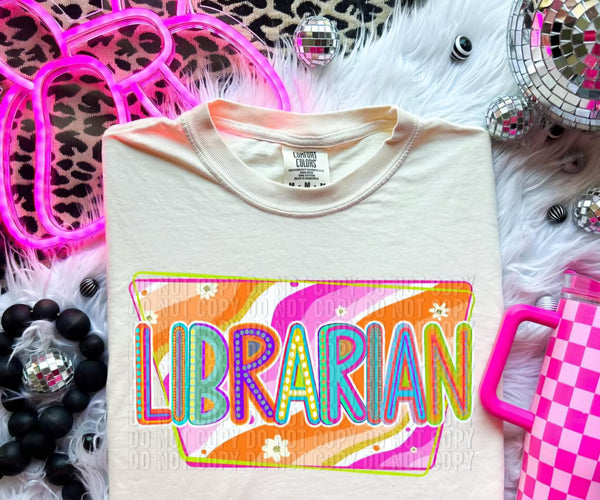 Librarian groovy pink and orange background 32715 DTF transfer