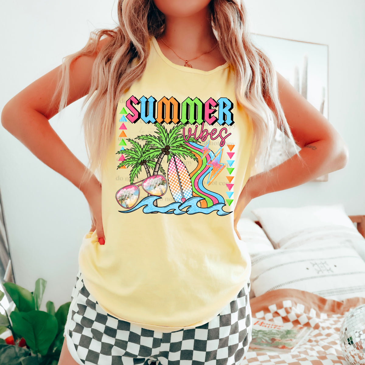 Summer vibes glasses palm tree checkered surfboard (CSC) 32728 DTF transfer