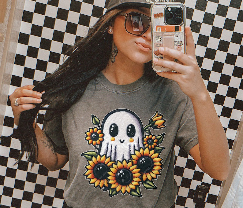 Ghost with yellow blush and sunflowers 32786 DTF transfer
