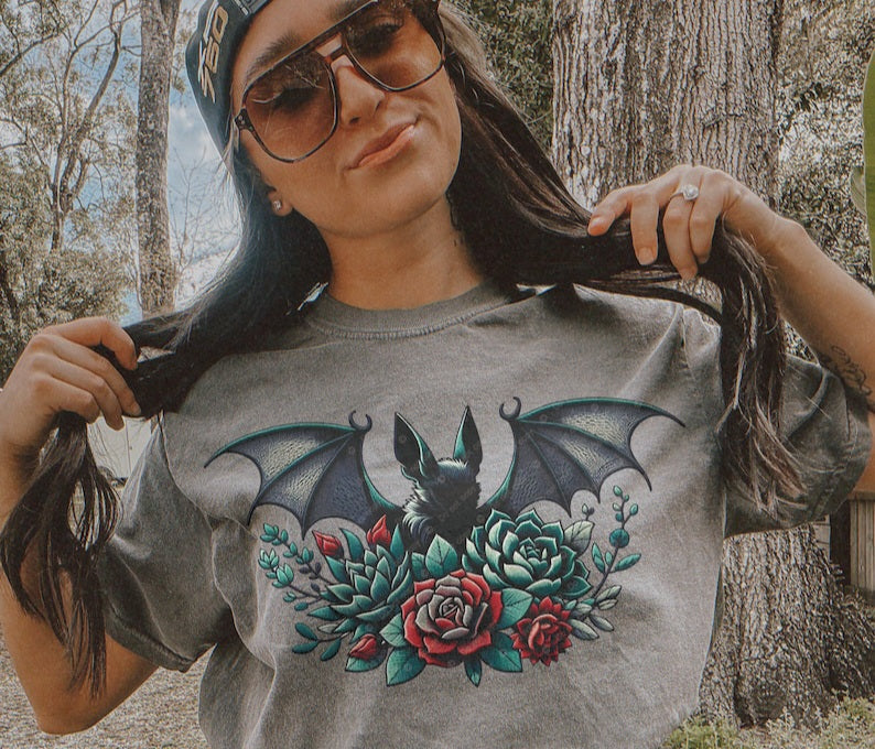 Grey Bat with green and red flowers 32796 DTF transfer