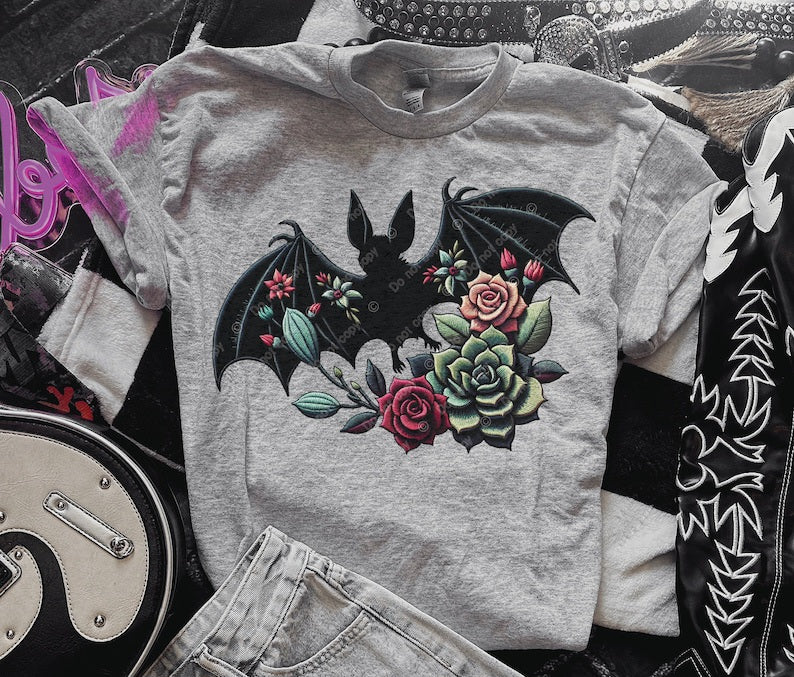 Bat with green pink and red flowers 32798 DTF transfer