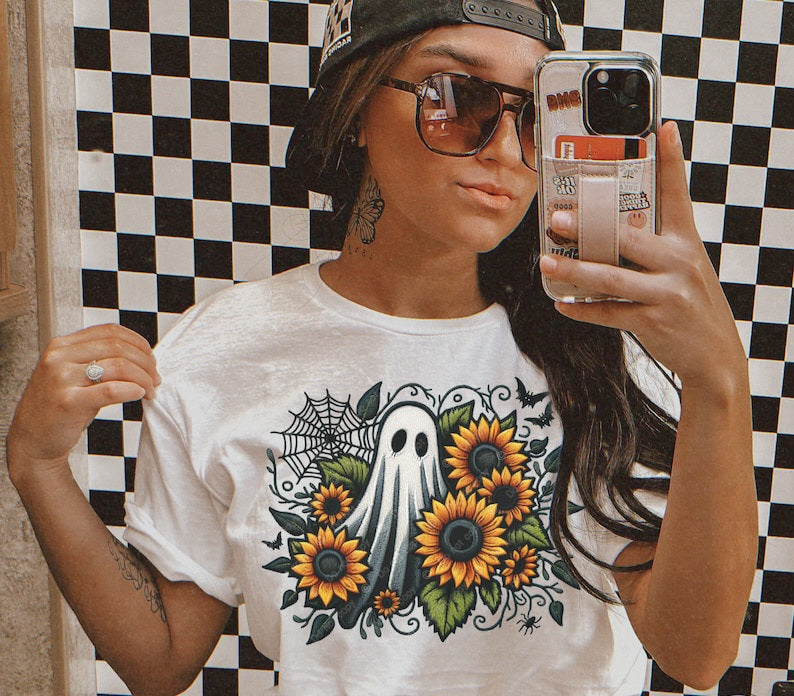 Ghost with sunflowers and spider webs 32784 DTF transfer