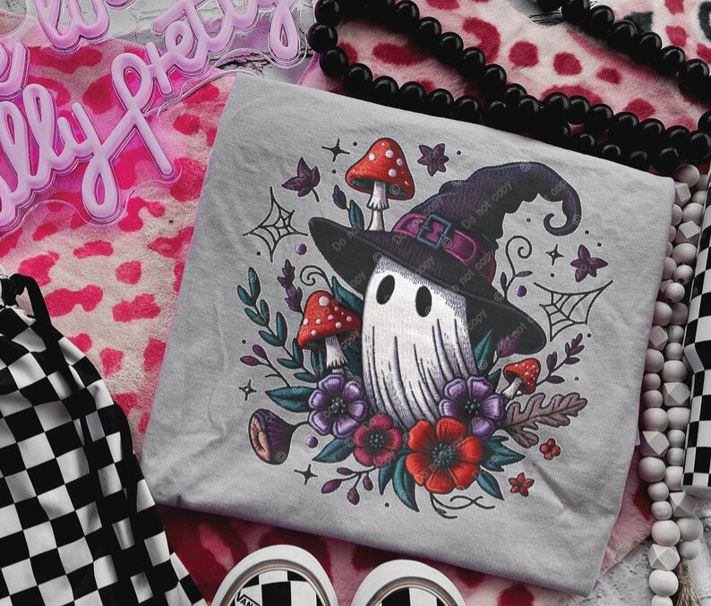 Ghost with purple and red flowers 32783 DTF transfer