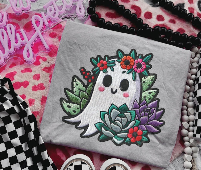 Ghost with succulents and red and pink flowers on head 32776 DTF transfer