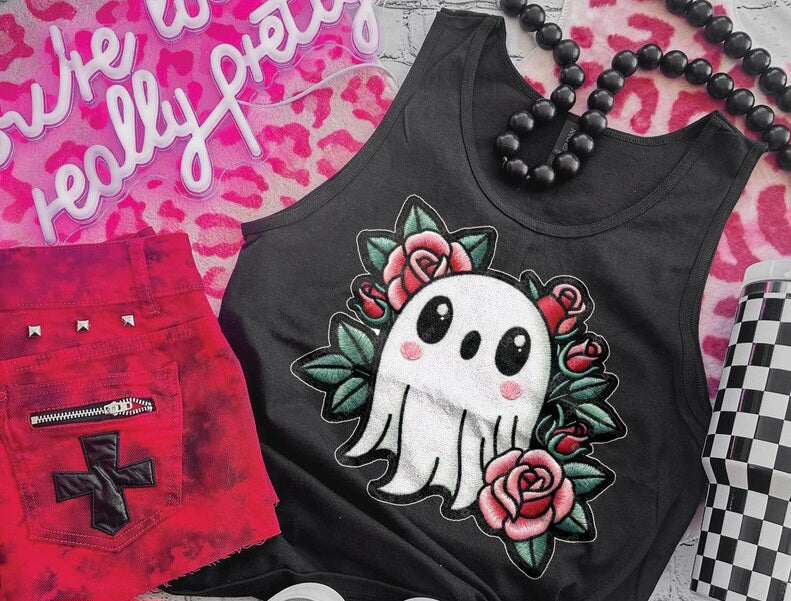 Ghost with PINK blush and roses 32773 DTF transfer