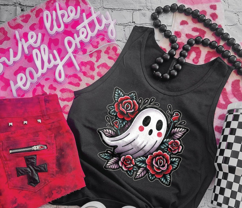 Ghost with red blush and roses 32772 DTF transfer