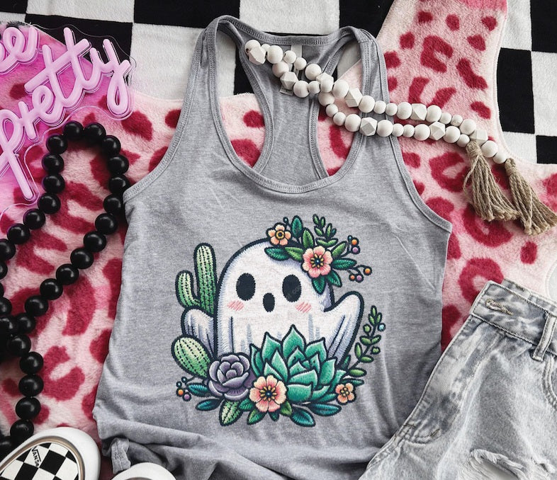 Ghost with succulents, cactus, and pink flowers on head 32771 DTF transfer