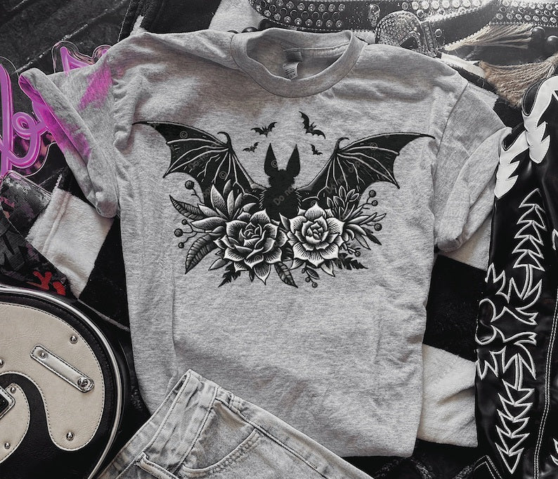 Bat with white flowers 32793 DTF transfer