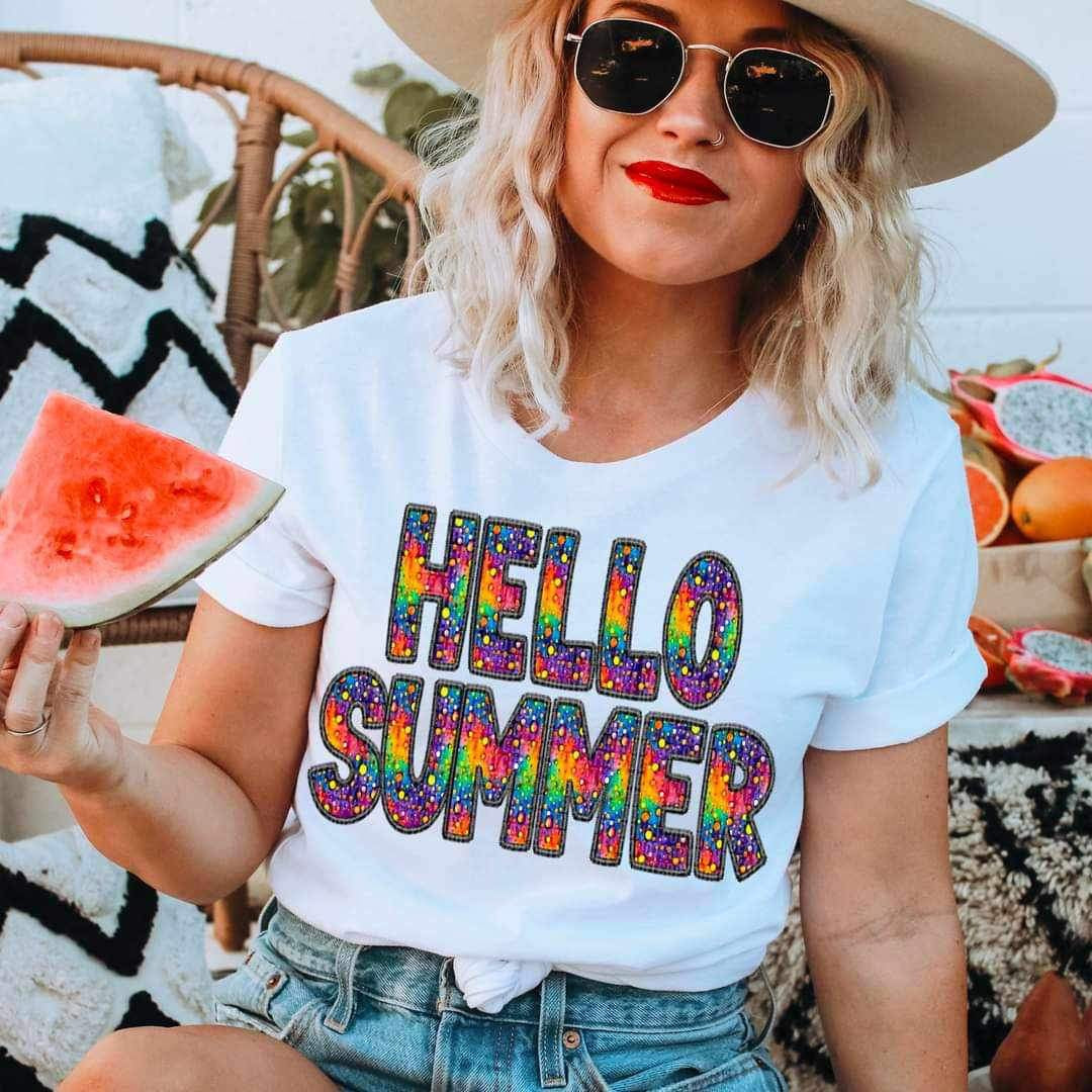 Hello summer rainbow embroidery 23752 DTF transfer