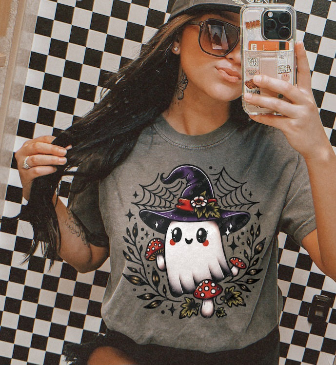 Blushing ghost with witch hat, web, and mushrooms 32769 DTF transfer