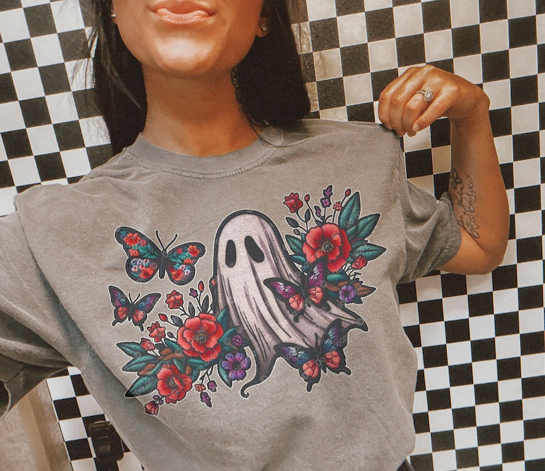 Ghost with flowers and 4 butterflies 32768 DTF transfer