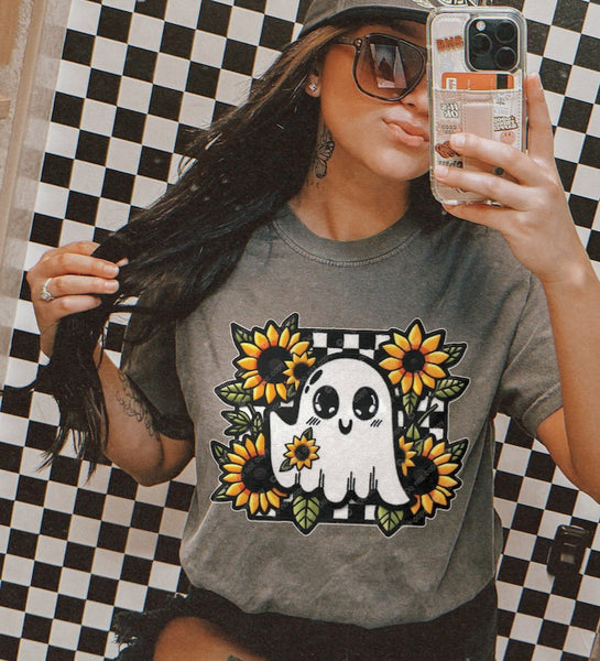 Ghost with checkered background and sunflowers 32766 DTF transfer