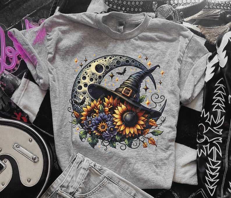 Moon with witch hat and sunflowers 32763 DTF transfer