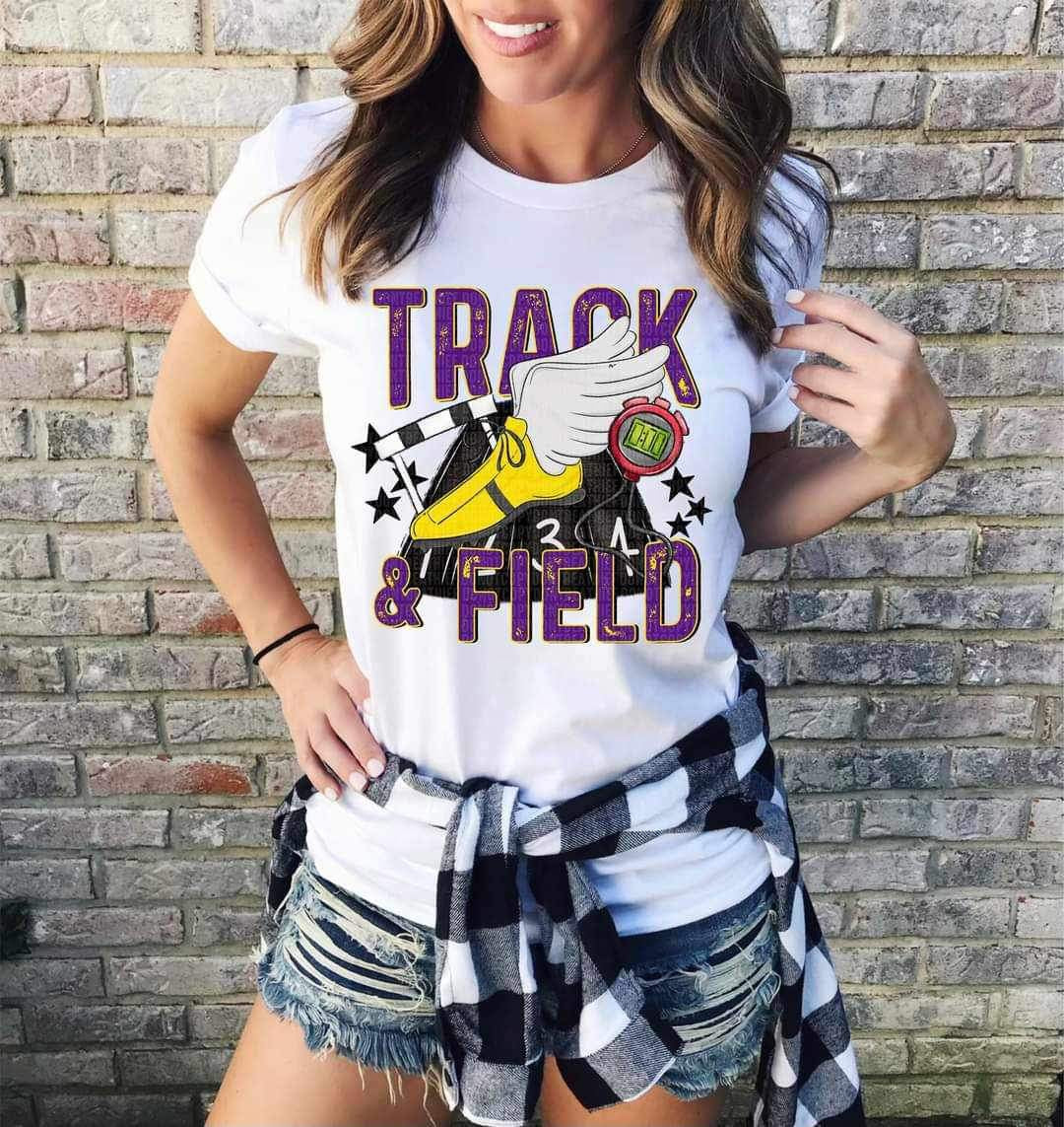 Track & field purple font yellow shoe 23754 DTF transfer