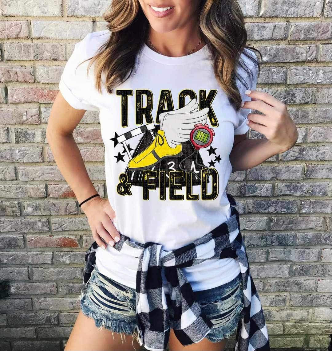 Track & field black font yellow shoe 23753 DTF transfer