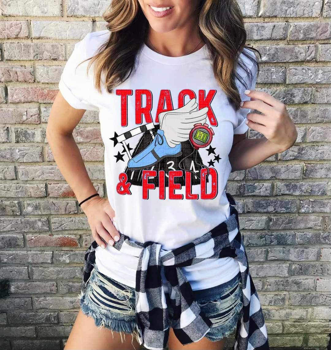 Track & field red font blue shoe 23757 DTF transfer