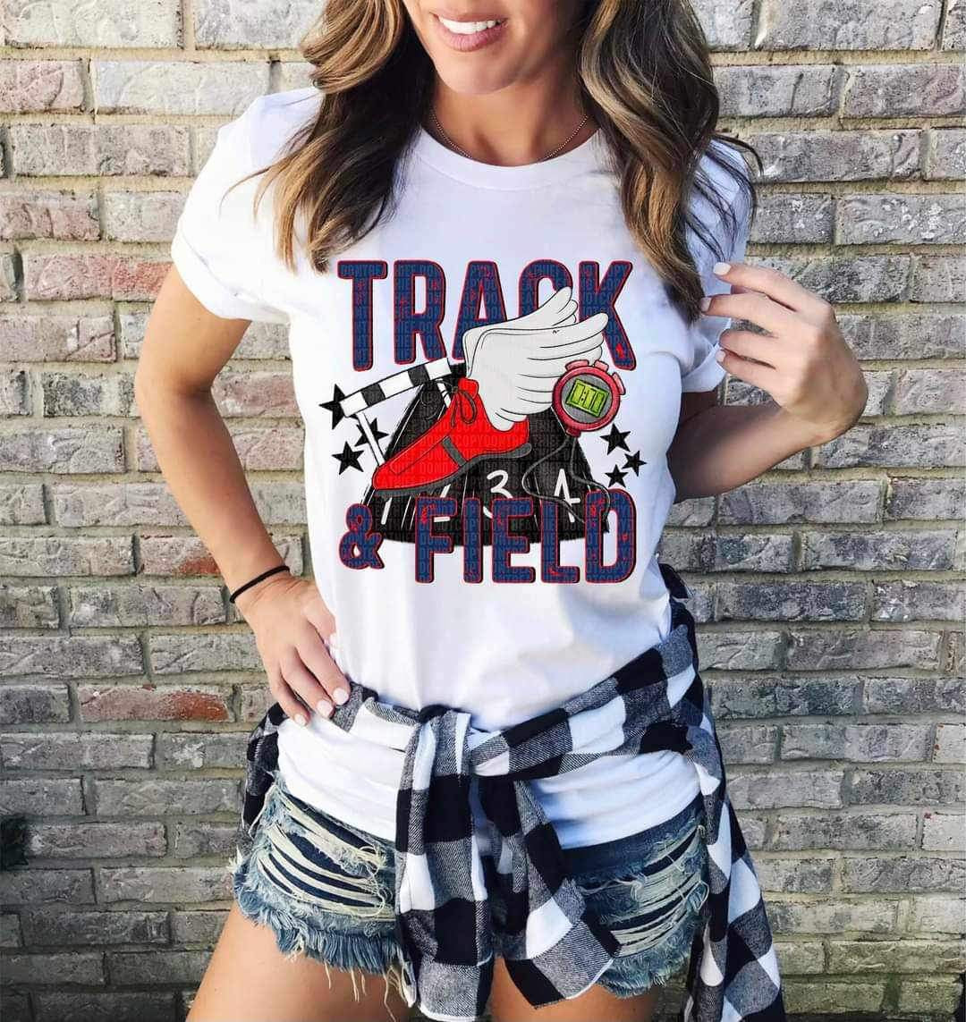Track & field blue font red shoe 23755 DTF transfer
