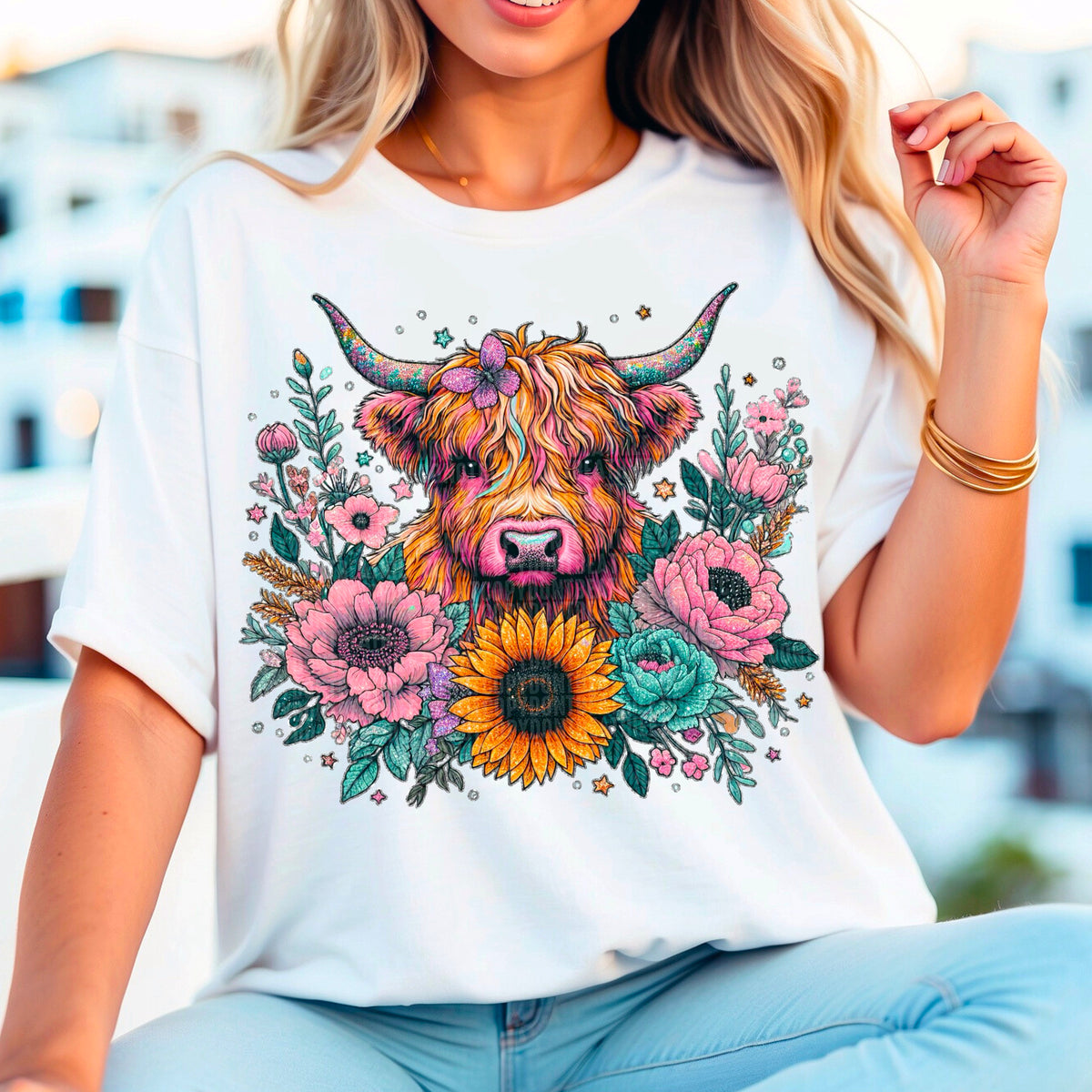 Glittery cow with sunflowers (SDD) 32840 DTF transfer
