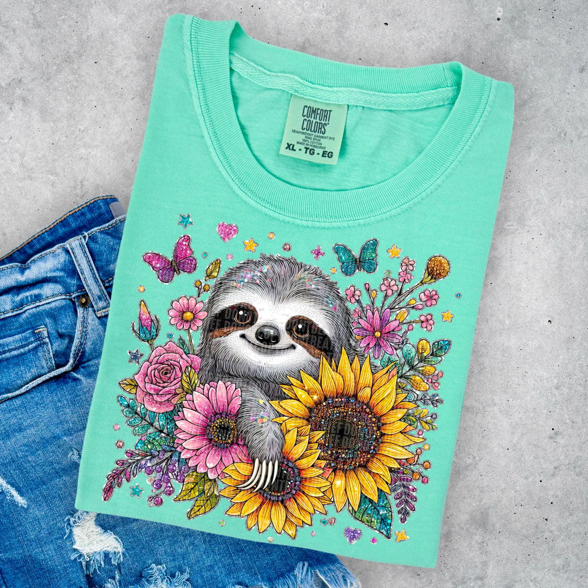 Glittery sloth with sunflowers (SDD) 32839 DTF transfer