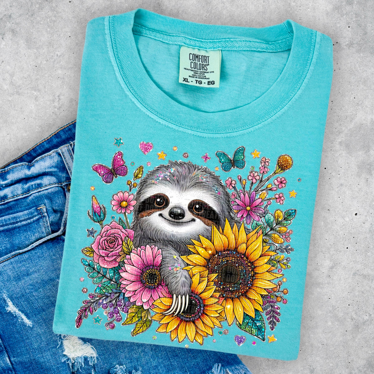 Glittery sloth with sunflowers (SDD) 32839 DTF transfer