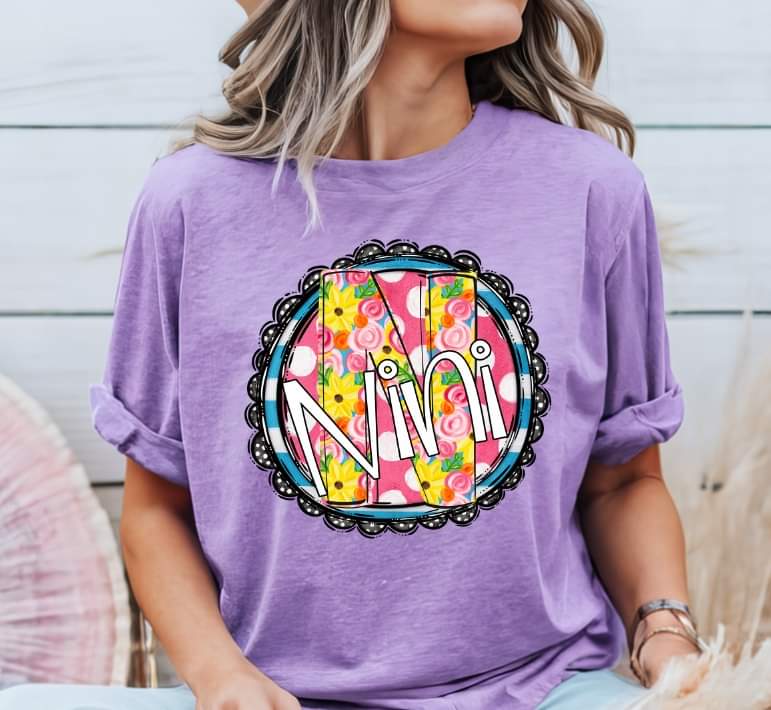 Nini circle with yellow and pink floral font (S&G) 32871 DTF transfer